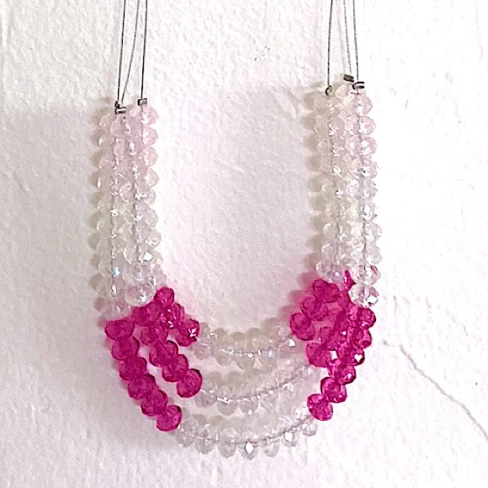 Silver “Invisible” Necklace With White And Hot Pink Beads - Picture 2 of 16